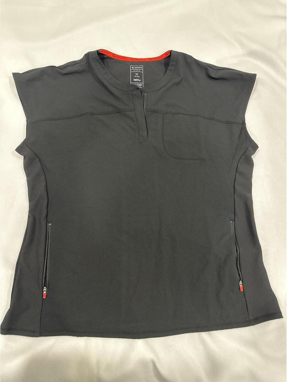 Infinity Black Short Sleeve Athletic Top with Front Zipper and Back Mesh Detail